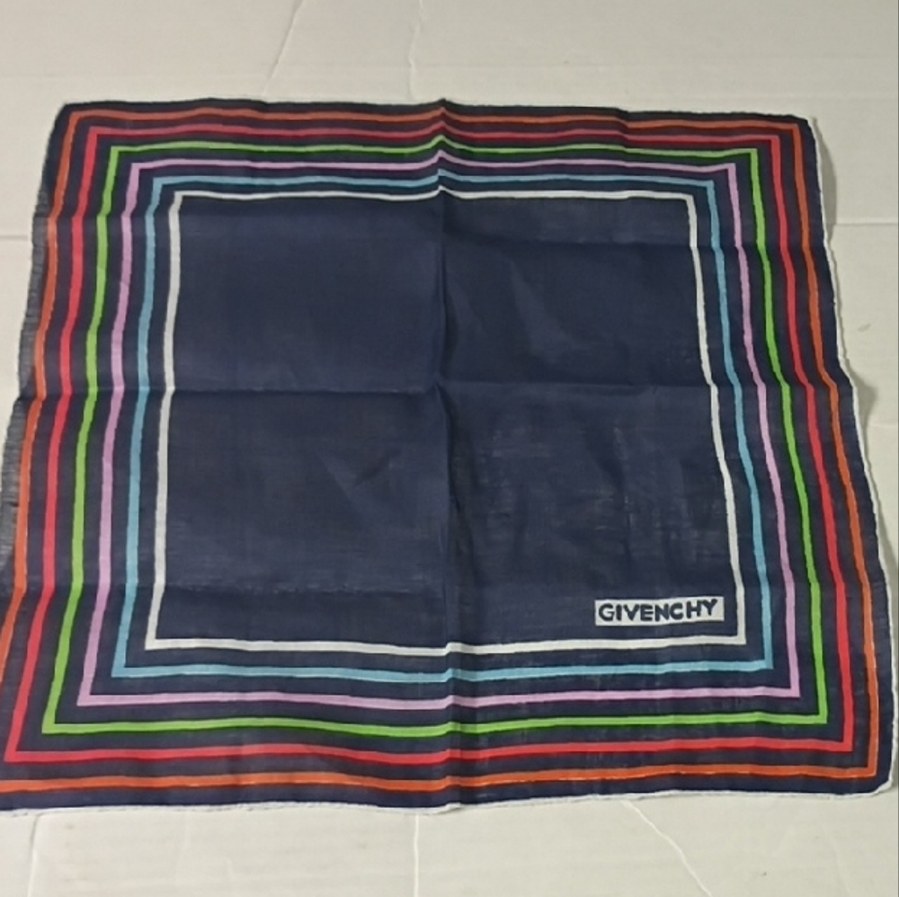 ❤️VINTAGE GIVENCHY RETRO LINEN RAINBOW STRIPED HANDKERCHIEF POCKET SQUARE SCARF